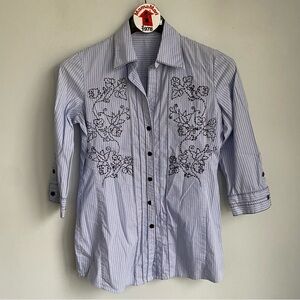 Adrienne Vittadini Blue Stripe Shirt 3/4 Sleeve Size 6